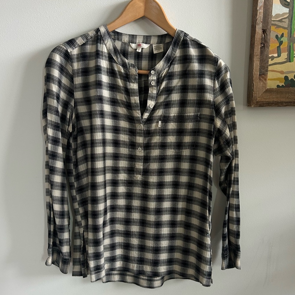 Levi's Plaid Black Cream Blouse Popover Small